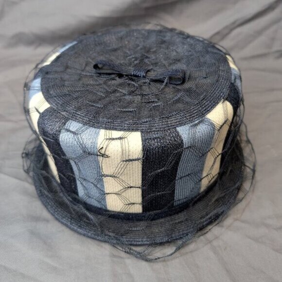 Vintage Jerry Yates 50's 60's Striped Blue Mesh Draped bucket Hat - Picture 1 of 8